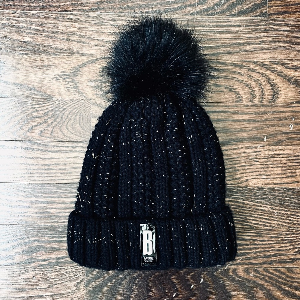 Black Knit Cuffed Pom-Pom Beanie w/ Gold Flecks